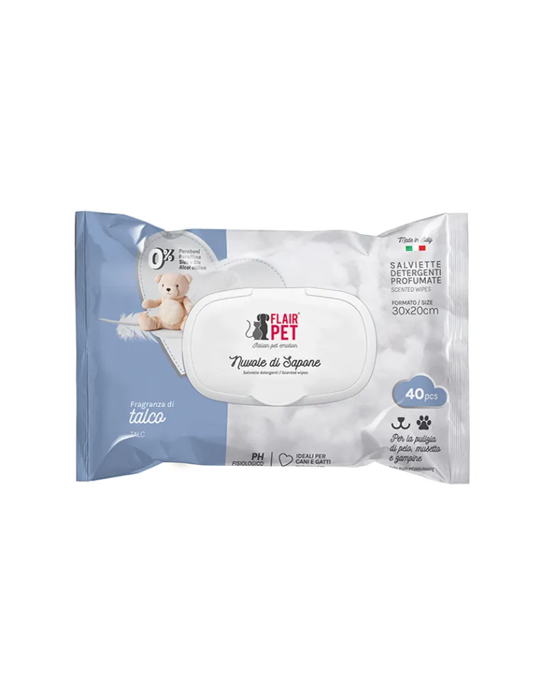 Salviette Nuvole Sapone Talco 40 Pezzi per Cani e Gatti