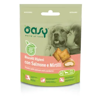 Oasy snack cane biscotti ripieni con salmone e mirtilli 70 gr