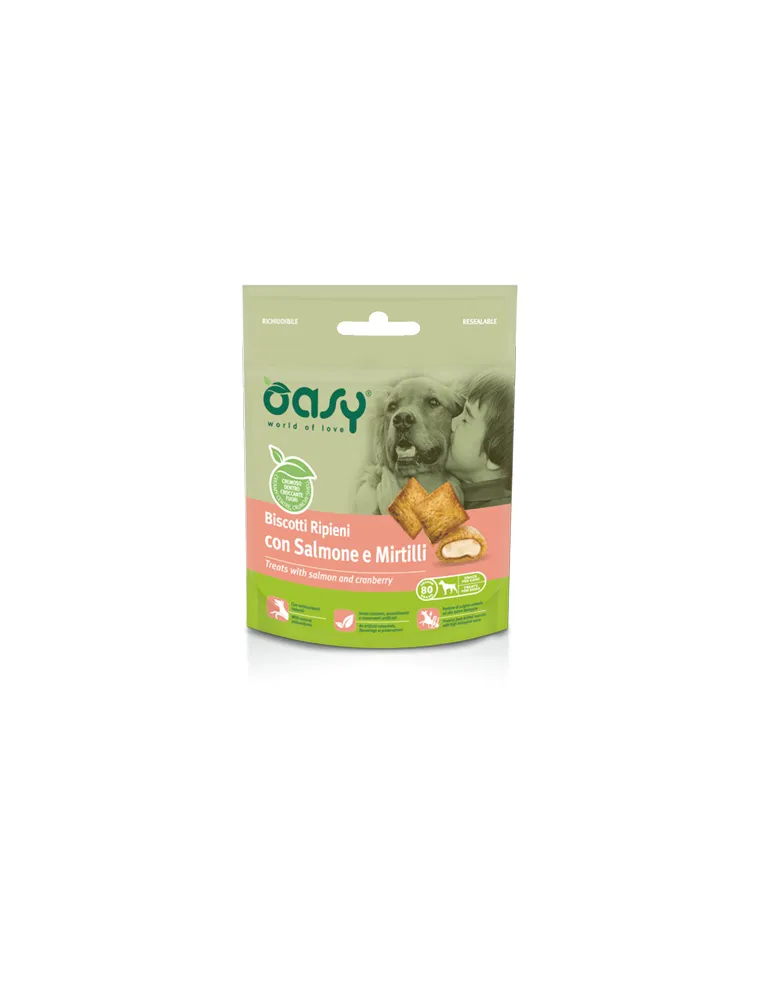 Oasy snack cane biscotti ripieni con salmone e mirtilli 70 gr