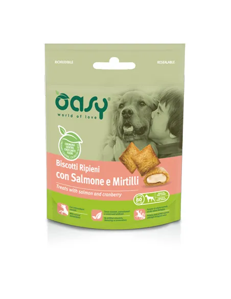 Oasy snack cane biscotti ripieni con salmone e mirtilli 70 gr Oasy snack cane biscotti ripieni con salmone e mirtilli 70 gr
